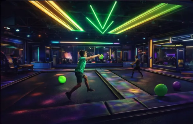 Neon-lit Planet Jump attraction zone with laser effects and play structures.
